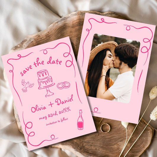 whimsical 手描きのショッキングピンクの結婚式の写真 セーブザデート