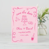 whimsical 手描きのショッキングピンクの結婚式の写真 セーブザデート (スタンド正面)