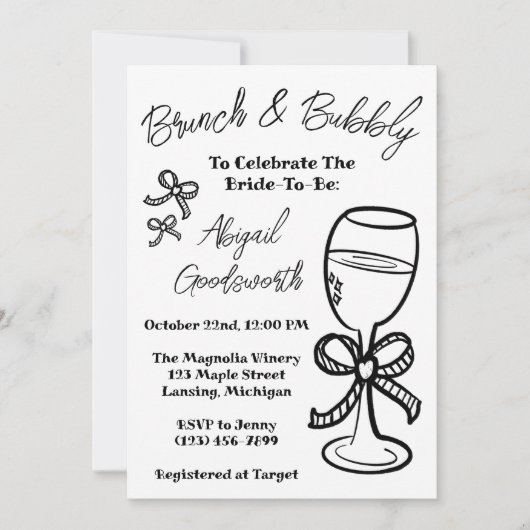  whimsical 手描きのリボン ウェディングシャワーの招待状 招待状 (正面)