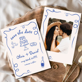  whimsical 手描きの結婚写真 ネイビーブルー セーブザデート