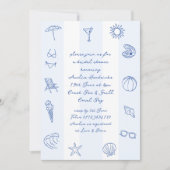  whimsical 手描きの青い海のビーチ ブライダルシャワー 招待状 (正面)