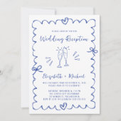  whimsical 手描き フレンチブルーの結婚式の披露宴 招待状 (正面)