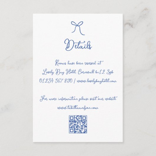 whimsical 手描き リボン 青 QR ウェディング 詳細 エンクロージャーカード (正面)
