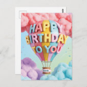 Whimsical 3D "Happy Birthday" Hot Air Balloon ポストカード (正面/裏面)