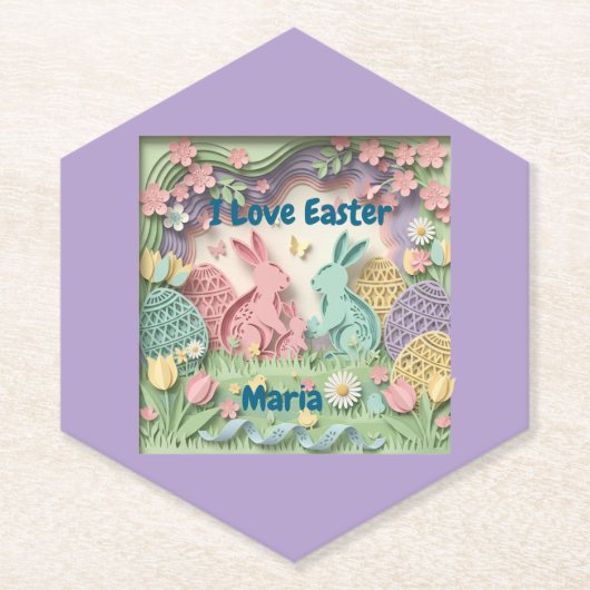 Whimsical 3D Paper Cut Bunny & Easter Eggs Coaster ペーパーコースター (正面)