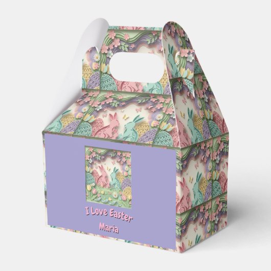 Whimsical 3D Paper Cut Bunny & Easter Eggs Custom  フェイバーボックス (正面サイド)
