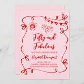 Whimsical 50 and Fabulous Doodle and Bow Birthday 招待状 (正面/裏面)