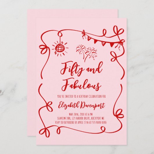 Whimsical 50 and Fabulous Doodle and Bow Birthday 招待状 (正面/裏面)