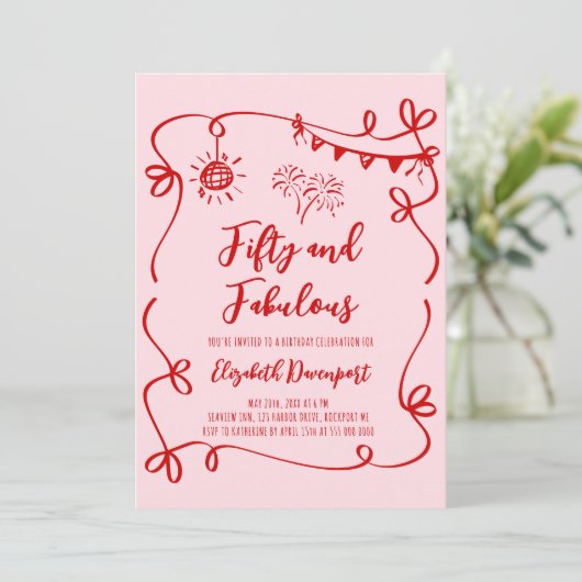 Whimsical 50 and Fabulous Doodle and Bow Birthday 招待状 (スタンド正面)