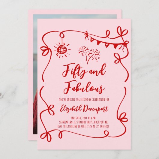 Whimsical 50 and Fabulous Doodle and Bow Photo 招待状 (正面/裏面)