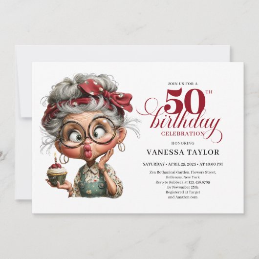 Whimsical 50th birthday invite quirky fun woman 招待状 (正面)