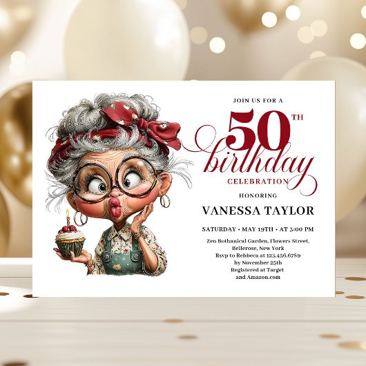 Whimsical 50th birthday invite quirky fun woman 招待状