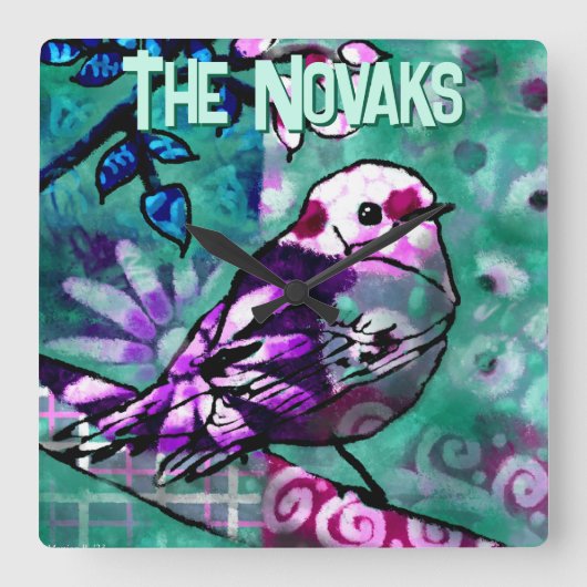 Whimsical Abstract Bird Floral Personalized スクエア壁時計 (正面)