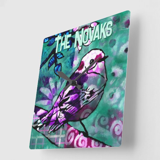 Whimsical Abstract Bird Floral Personalized スクエア壁時計 (傾斜)