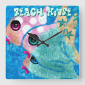 Whimsical Abstract Fish Trio Blue Personalized スクエア壁時計 (正面)