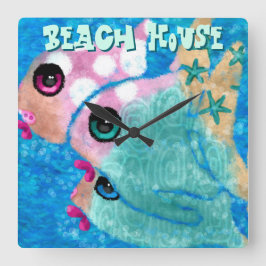 Whimsical Abstract Fish Trio Blue Personalized スクエア壁時計