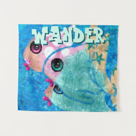 Whimsical Abstract Fish Trio Blue Personalized タペストリー (正面(横))