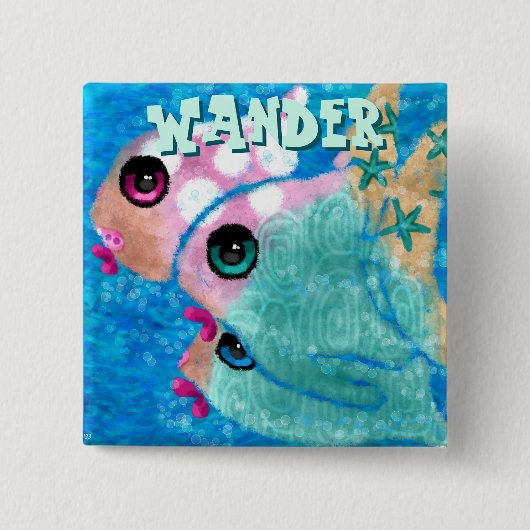 Whimsical Abstract Fish Trio Blue Personalized 缶バッジ (正面)