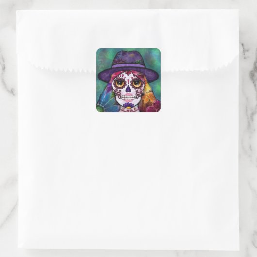 Whimsical Abstract Floral Hippie Sugar Skull スクエアシール (バッグ)