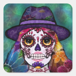 Whimsical Abstract Floral Hippie Sugar Skull スクエアシール