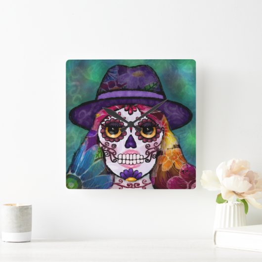 Whimsical Abstract Floral Hippie Sugar Skull スクエア壁時計 (ホーム)