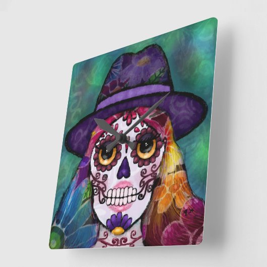 Whimsical Abstract Floral Hippie Sugar Skull スクエア壁時計 (傾斜)