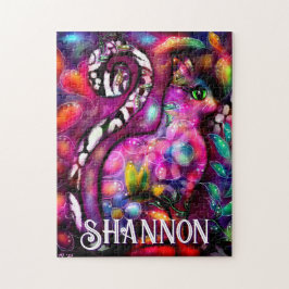 Whimsical Abstract Kitty Cat Floral Personalized ジグソーパズル