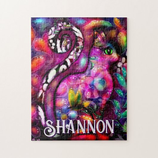 Whimsical Abstract Kitty Cat Floral Personalized ジグソーパズル (縦)