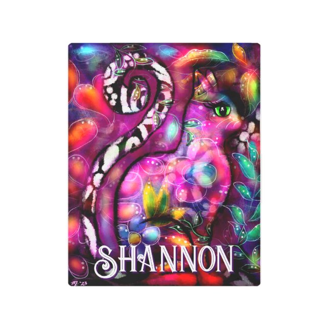 Whimsical Abstract Kitty Cat Floral Personalized メタルプリント (正面)