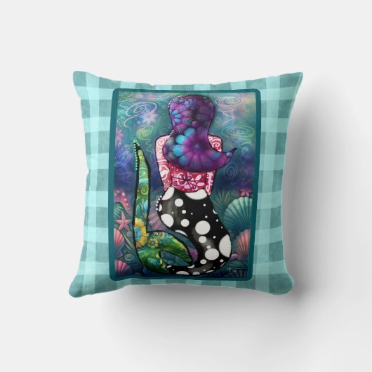 Whimsical Abstract Mermaid Nautical Teal Seashells クッション (裏面)