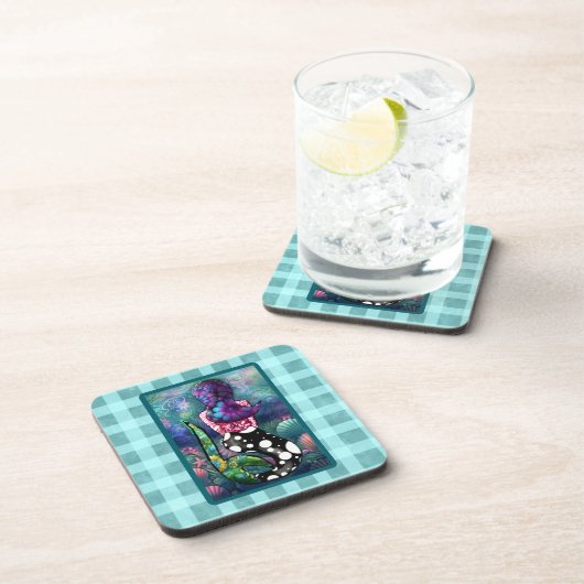 Whimsical Abstract Mermaid Nautical Teal Seashells コースター (右側)