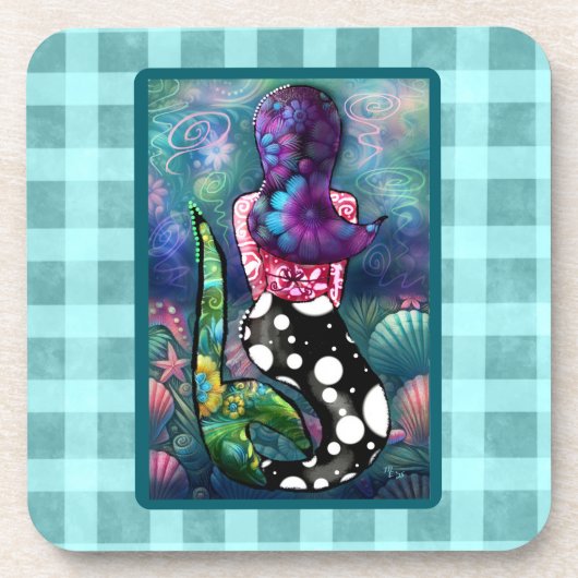 Whimsical Abstract Mermaid Nautical Teal Seashells コースター (正面)
