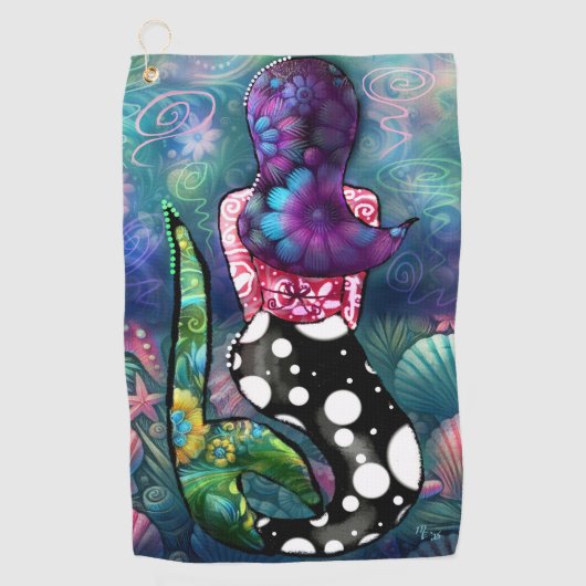 Whimsical Abstract Mermaid Nautical Teal Seashells ゴルフタオル (正面)