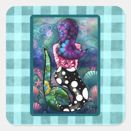 Whimsical Abstract Mermaid Nautical Teal Seashells スクエアシール (正面)