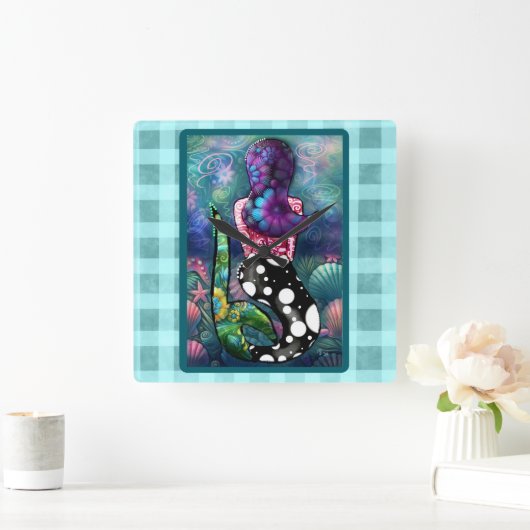 Whimsical Abstract Mermaid Nautical Teal Seashells スクエア壁時計 (ホーム)