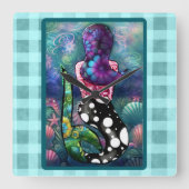Whimsical Abstract Mermaid Nautical Teal Seashells スクエア壁時計 (正面)