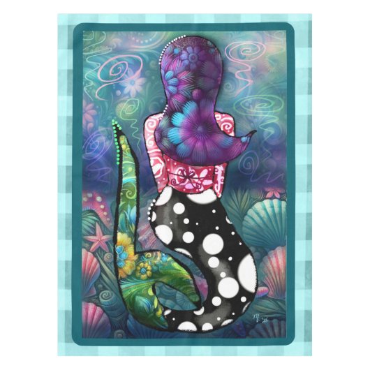 Whimsical Abstract Mermaid Nautical Teal Seashells テーブルクロス (正面)