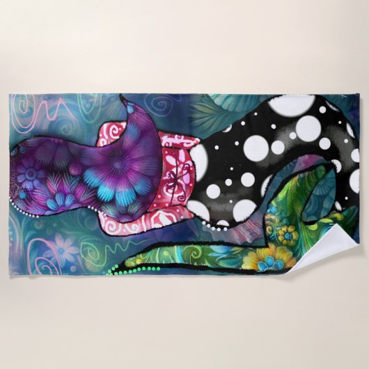 Whimsical Abstract Mermaid Nautical Teal Seashells ビーチタオル (正面)