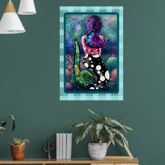 Whimsical Abstract Mermaid Nautical Teal Seashells ポスター (リビング1)