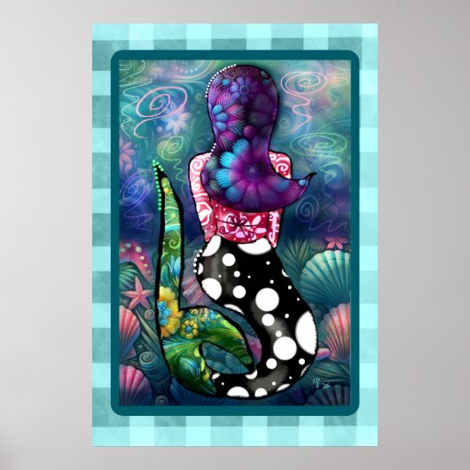 Whimsical Abstract Mermaid Nautical Teal Seashells ポスター (正面)
