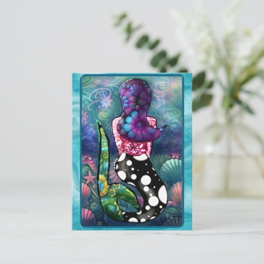 Whimsical Abstract Mermaid Nautical Teal Seashells ポストカード (スタンド正面)