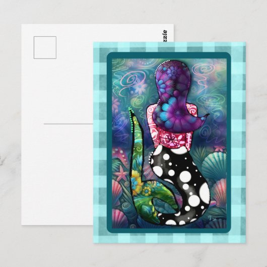 Whimsical Abstract Mermaid Nautical Teal Seashells ポストカード (正面/裏面)