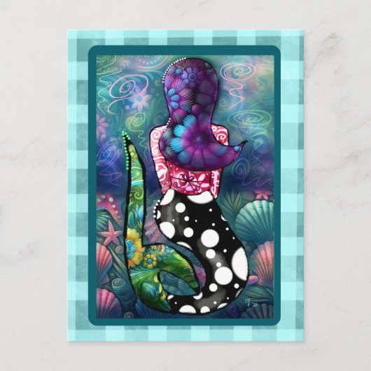 Whimsical Abstract Mermaid Nautical Teal Seashells ポストカード (正面)