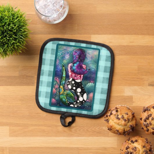 Whimsical Abstract Mermaid Nautical Teal Seashells 鍋敷き (トップダウン)