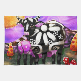 Whimsical Abstract Momma & Baby Cow Funky Farm キッチンタオル