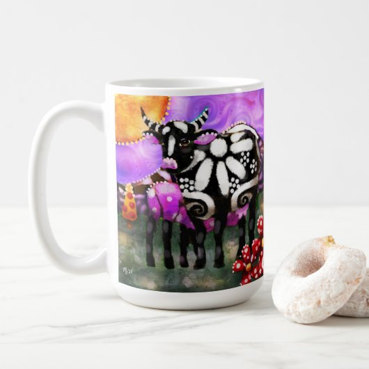 Whimsical Abstract Momma & Baby Cow Funky Farm コーヒーマグカップ (ドーナツ)