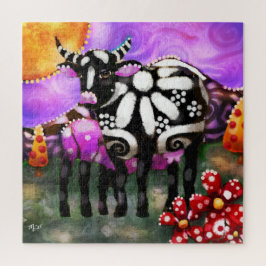Whimsical Abstract Momma & Baby Cow Funky Farm ジグソーパズル