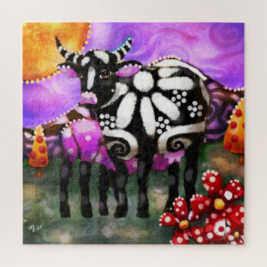 Whimsical Abstract Momma & Baby Cow Funky Farm ジグソーパズル (縦)
