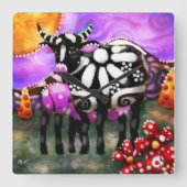 Whimsical Abstract Momma & Baby Cow Funky Farm スクエア壁時計 (正面)