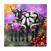 Whimsical Abstract Momma & Baby Cow Funky Farm タイル (正面)